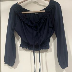 Shein navy Blue Ruffled Tie Front Cropped Blouse